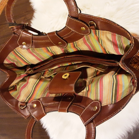 Fossil Vintage Brown Woven Straw Triple Compartment Satchel Purse Bag - Picture 2 of 7